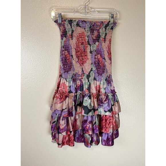 Betsey Johnson Peach Tiered Ruffle Silk Cocktail Strapless Dress S Floral Satin - Picture 1 of 4